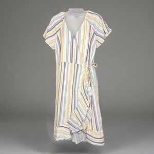 Kaari Blue Wrap Dress XL Striped Boho Cottagecore Festival Tassel Tie Ruffle Hem